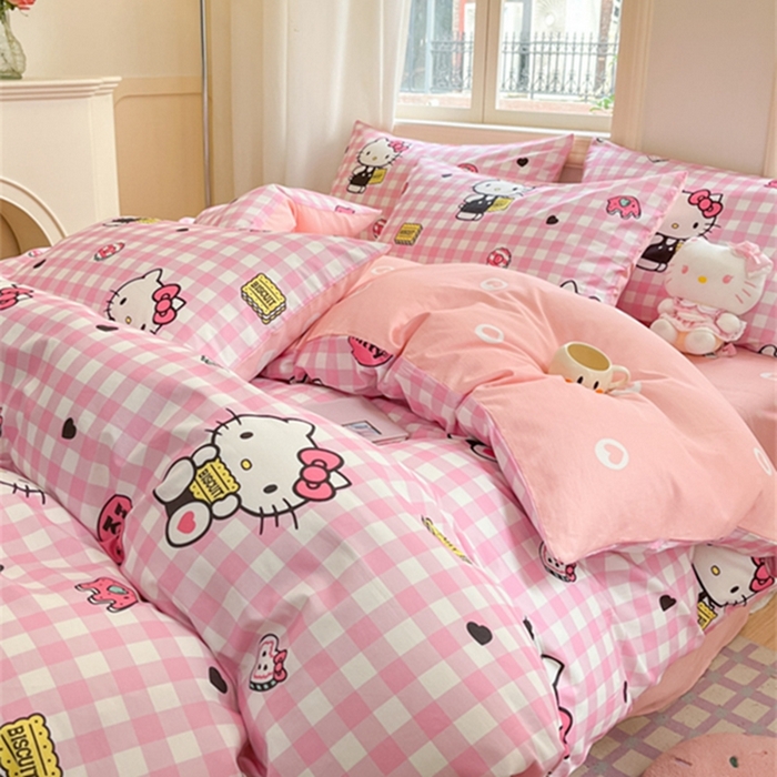 91家纺网 家纺一手货源 找家纺 博雅 2024新款三丽鸥全棉印花卡通四件套 粉格KT