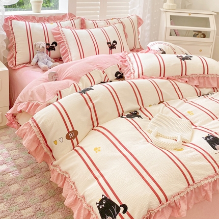 同田家纺  2024新款泡泡棉印花蕾丝工艺四件套 可爱猫