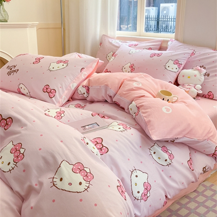 91家纺网 家纺一手货源 找家纺 博雅 2024新款三丽鸥全棉印花卡通四件套 粉色蝴蝶结KT