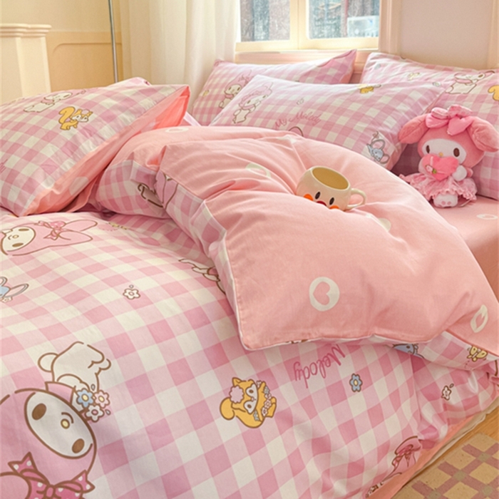 91家纺网 家纺一手货源 找家纺 博雅 2024新款三丽鸥全棉印花卡通四件套 粉格美乐蒂AB版