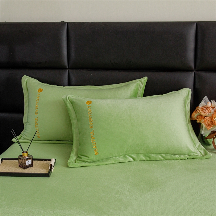 91家纺网 家纺一手货源 找家纺 神州川 2024直播爆款高克重保暖加厚纯色刺绣牛奶绒四件套- 邂逅-果绿