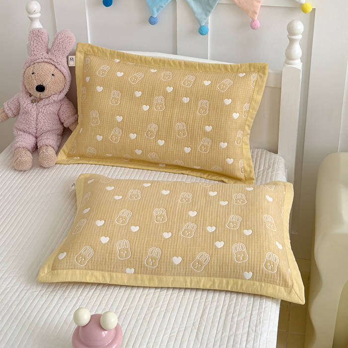 91家纺网 家纺一手货源 找家纺 2024新品色织立体提花全棉三层纱布夹棉枕套 小兔-黄