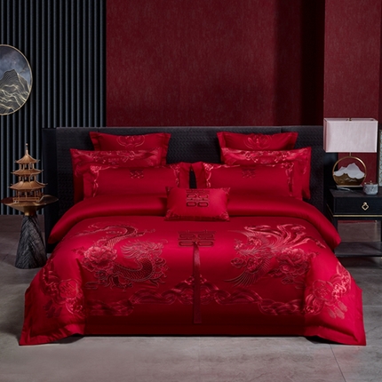 用心 2025年新款长绒棉重工绣花婚庆四件套多件套 龙凤贺彩-红色