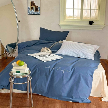 时年家纺 2024新款40毛巾绣全工艺水洗全棉系列四件套（充值会员优惠5元） 深蓝条