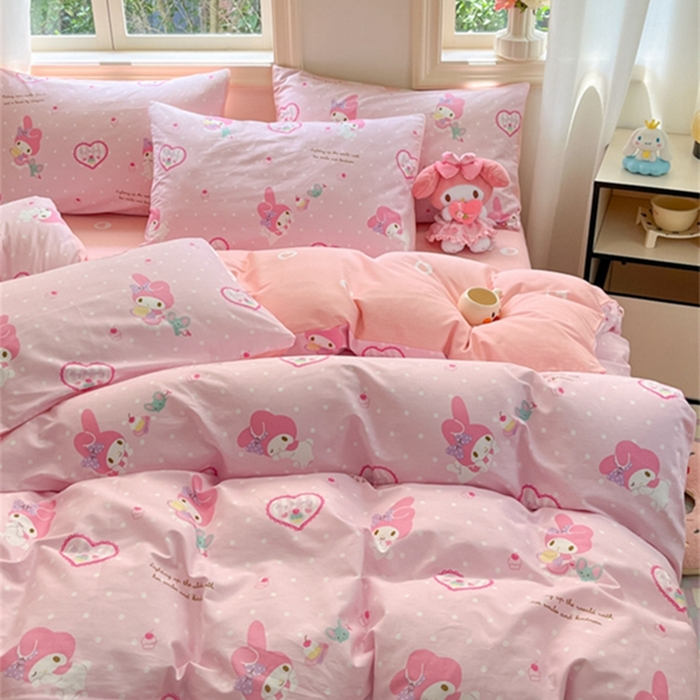 91家纺网 家纺一手货源 找家纺 博雅 2024新款三丽鸥全棉印花卡通四件套 粉色爱心美乐蒂