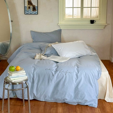 时年家纺 2024新款40毛巾绣全工艺水洗全棉系列四件套（充值会员优惠5元） 浅蓝条