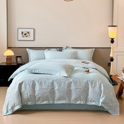 91家纺网 家纺一手货源 找家纺 懒猫家纺 2024新款【瑾雅系列】全棉绣花套件四件套 瑾雅-海蓝