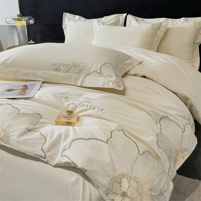 91家纺网 家纺一手货源 找家纺 宅家居 2024新款莫奈花园系列-轻奢小香风双面纯棉刺绣长绒棉四件套 莫奈花园-奶昔白