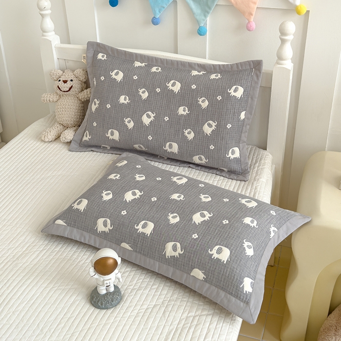 91家纺网 家纺一手货源 找家纺 2024新品色织立体提花全棉三层纱布夹棉枕套 小象-灰