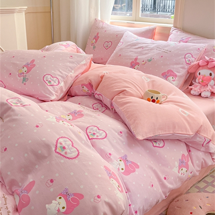 91家纺网 家纺一手货源 找家纺 博雅 2024新款三丽鸥全棉印花卡通四件套 粉色爱心美乐蒂