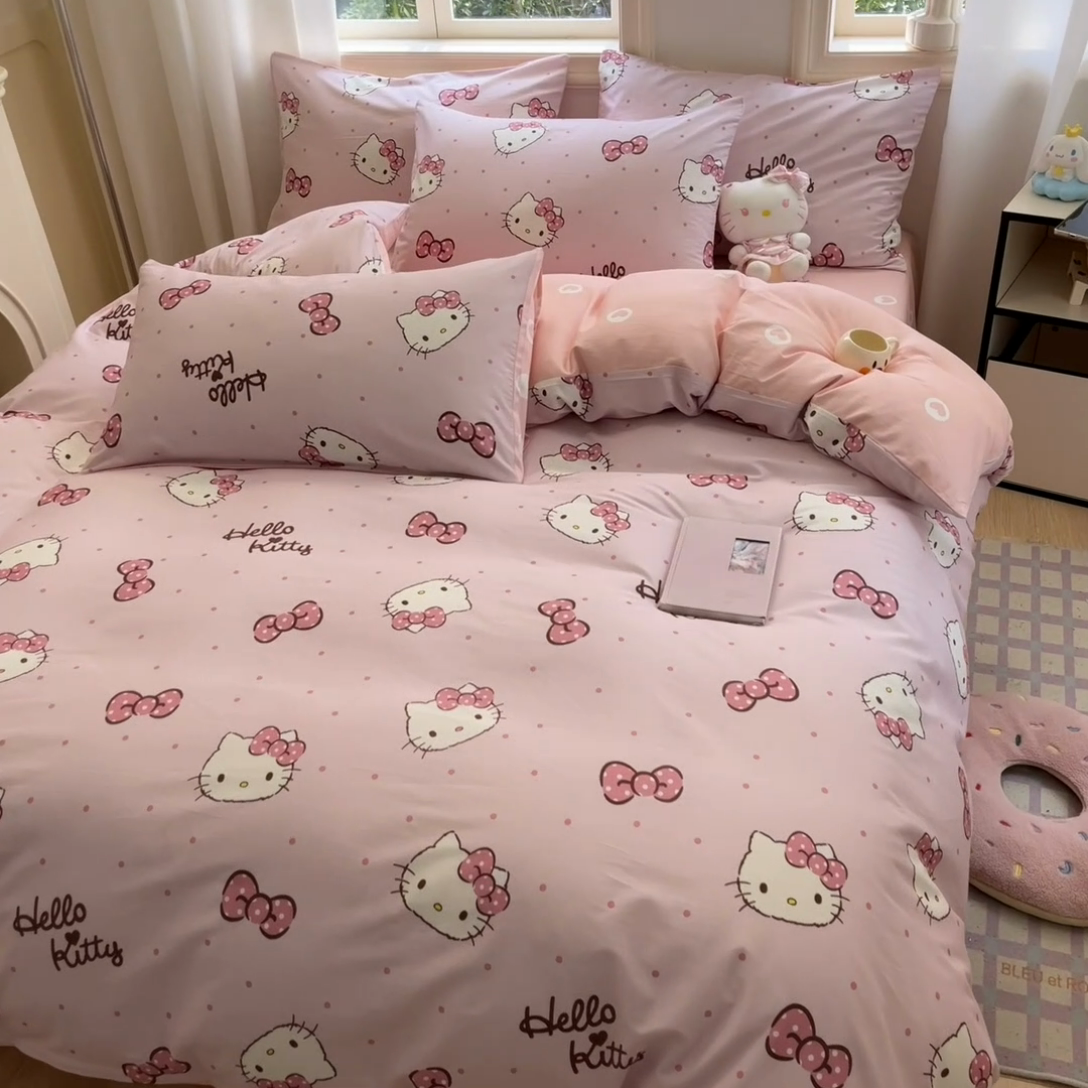 91家纺网 家纺一手货源 找家纺 博雅 2024新款三丽鸥全棉印花卡通四件套 粉色蝴蝶结KT