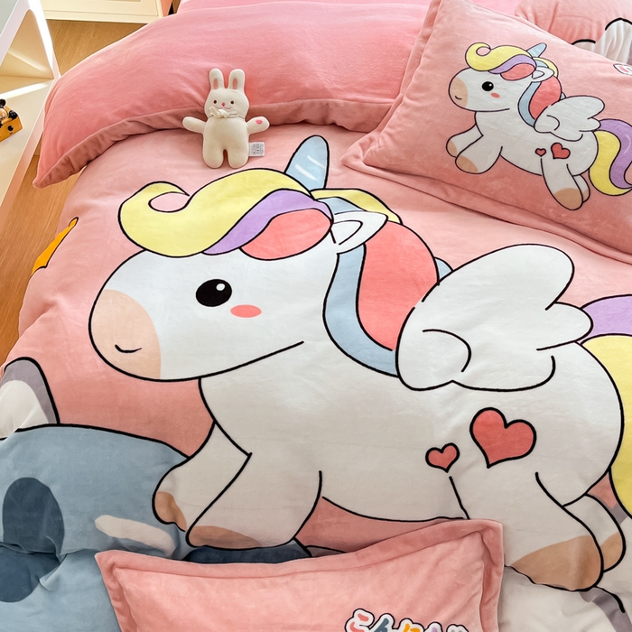 91家纺网 家纺一手货源 找家纺 喜梦缘-2025新款大版卡通牛奶绒四件套 独角兽