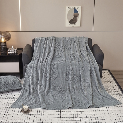 91家纺网 家纺一手货源 找家纺 坦客毯业 2025新款加厚高克重塔芙绒提花毛毯-蝴蝶系列 蝴蝶-深灰色