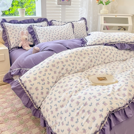 同田家纺  2024新款泡泡棉印花蕾丝工艺四件套 花花小兔