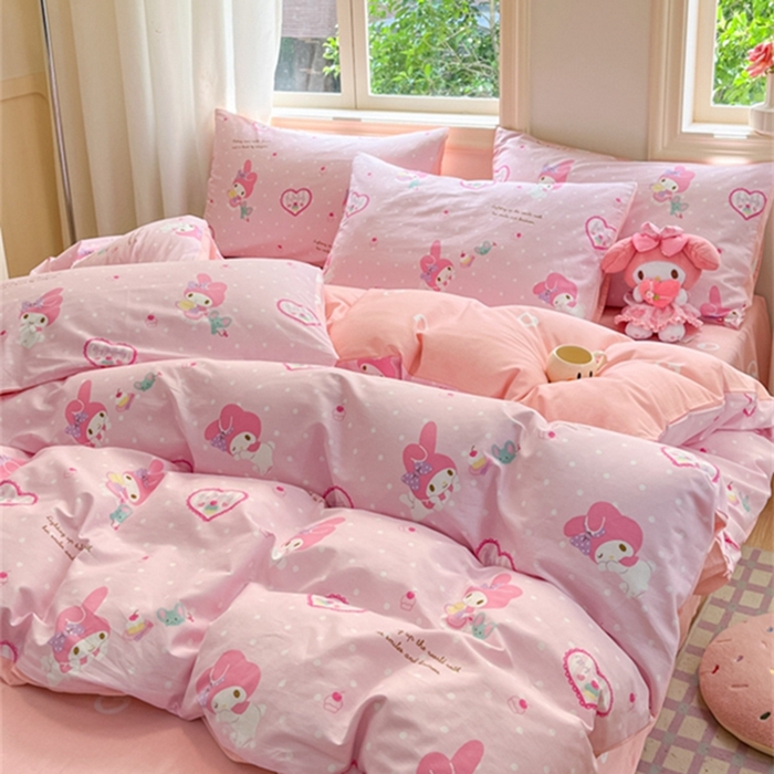 91家纺网 家纺一手货源 找家纺 博雅 2024新款三丽鸥全棉印花卡通四件套 粉色爱心美乐蒂