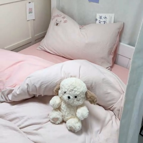 91家纺网 家纺一手货源 找家纺 梦舒羽 2025新款ins卡通可爱小狗刺绣水洗棉磨毛学生宿舍三件套居家四件套 小博美-少女粉