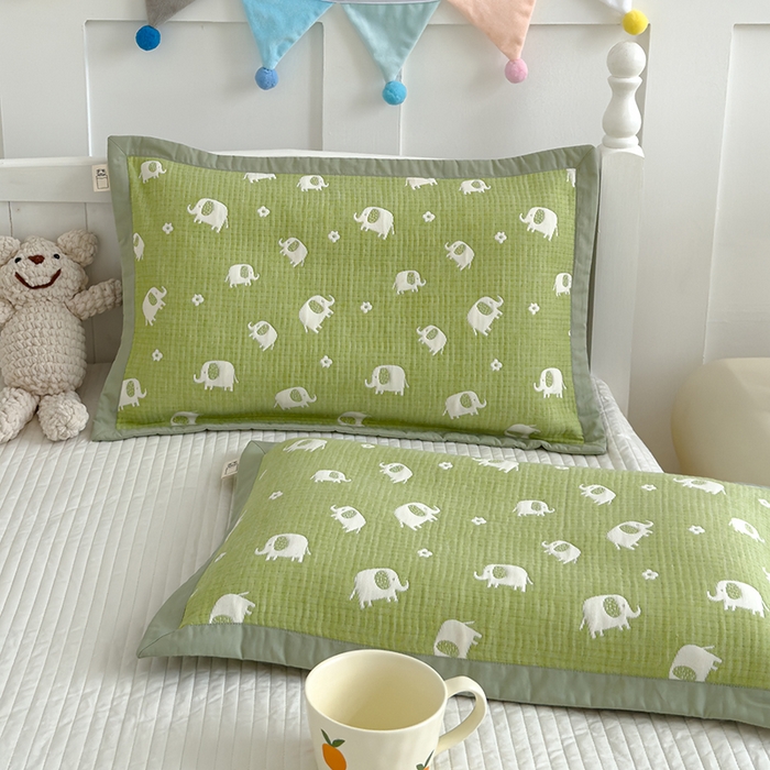 91家纺网 家纺一手货源 找家纺 2024新品色织立体提花全棉三层纱布夹棉枕套 小象-绿