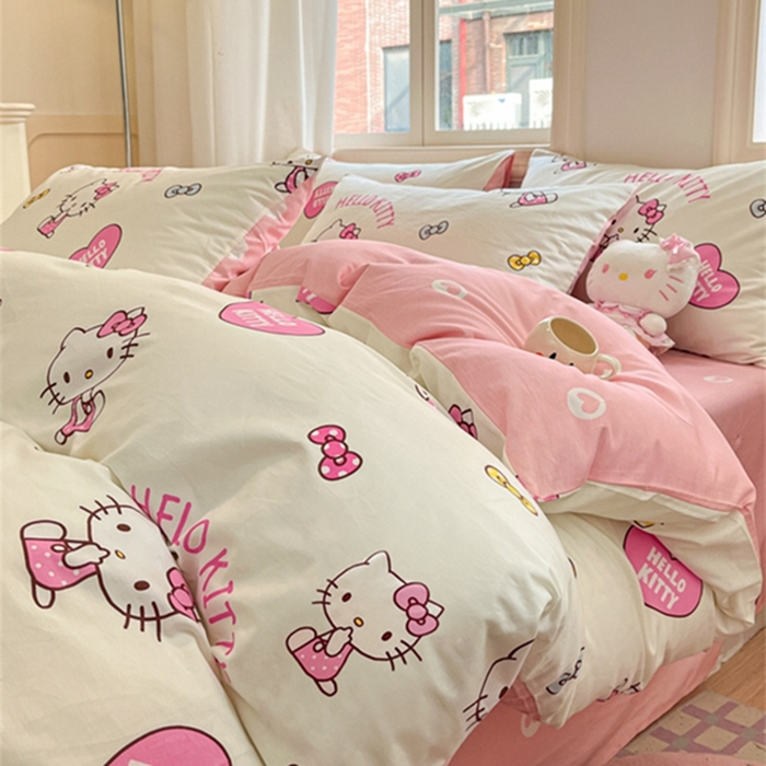 91家纺网 家纺一手货源 找家纺 博雅 2024新款三丽鸥全棉印花卡通四件套 蝴蝶结KT