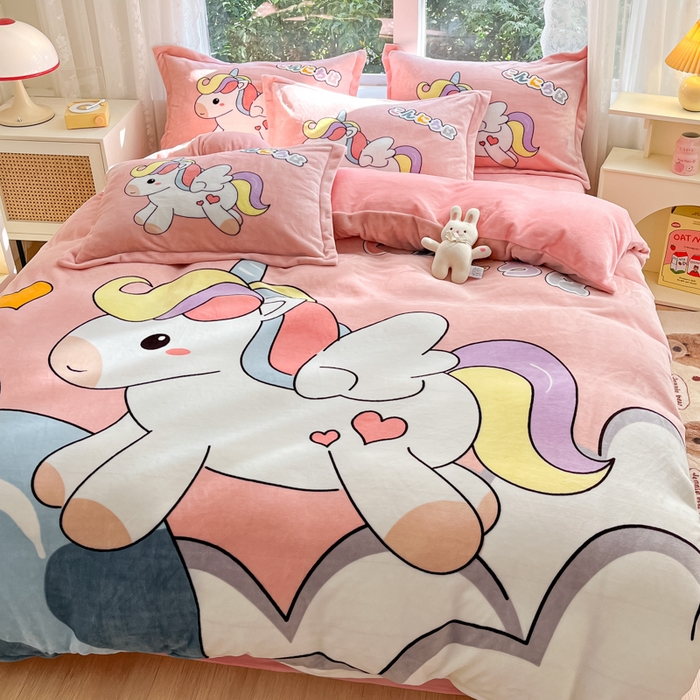 91家纺网 家纺一手货源 找家纺 喜梦缘-2025新款大版卡通牛奶绒四件套 独角兽