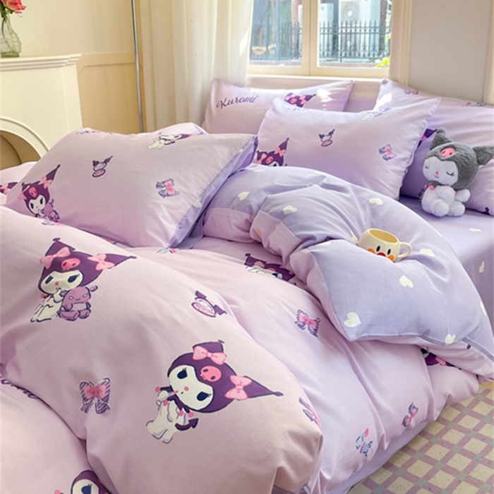 91家纺网 家纺一手货源 找家纺 博雅 2024新款三丽鸥全棉印花卡通四件套 浅紫库洛米