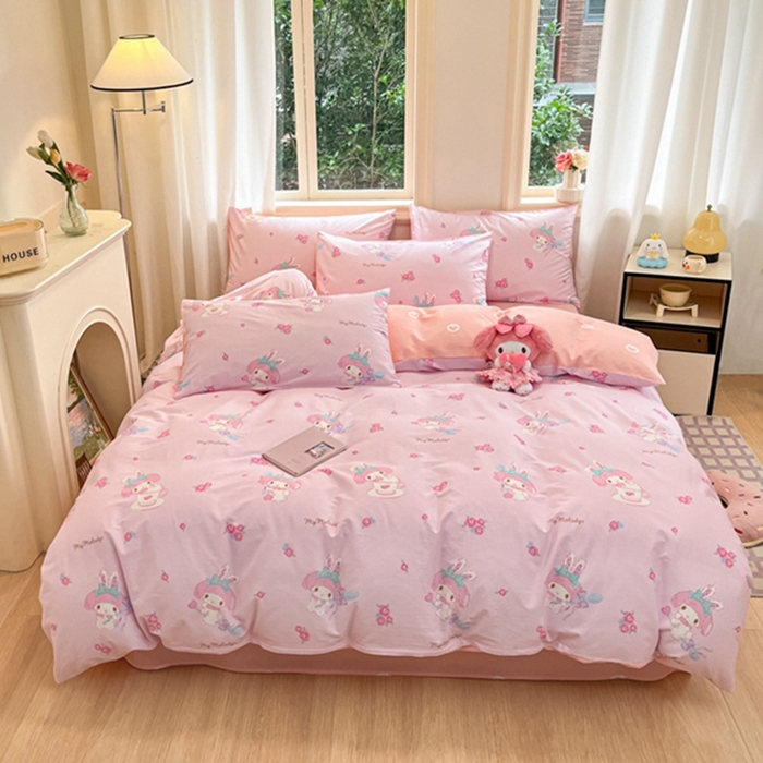 91家纺网 家纺一手货源 找家纺 博雅 2024新款三丽鸥全棉印花卡通四件套 花朵美乐蒂