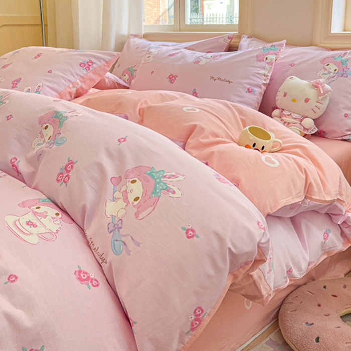 91家纺网 家纺一手货源 找家纺 博雅 2024新款三丽鸥全棉印花卡通四件套 花朵美乐蒂