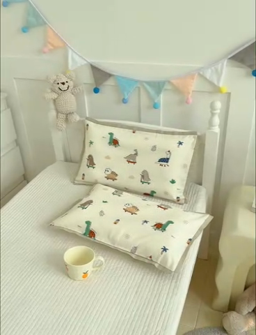 91家纺网 家纺一手货源 找家纺 2024新款A类133x72铂金全棉枕套枕头枕芯七彩童年系列 枕套+枕芯-棚拍图 恐龙印记