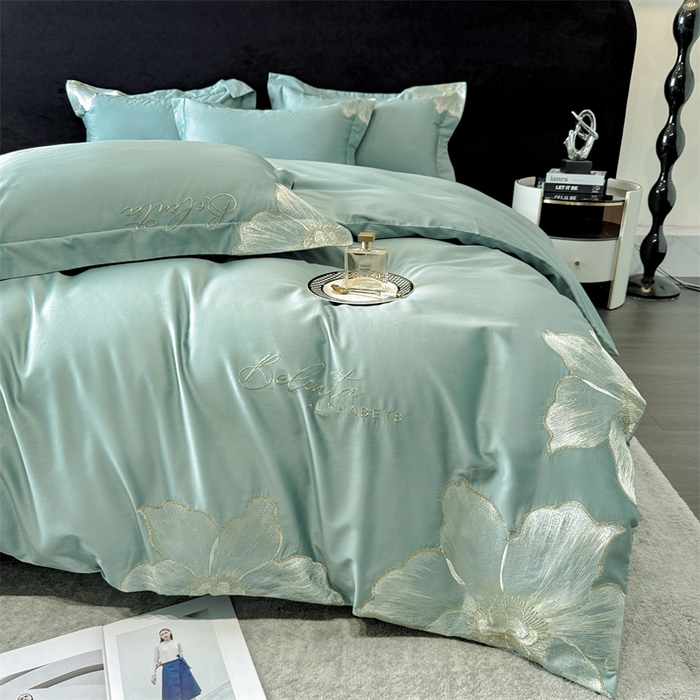 91家纺网 家纺一手货源 找家纺 宅家居 2024新款莫奈花园系列-轻奢小香风双面纯棉刺绣长绒棉四件套 莫奈花园-松石绿