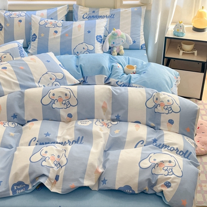 91家纺网 家纺一手货源 找家纺 博雅 2024新款三丽鸥全棉印花卡通四件套 蓝条纹玉桂狗