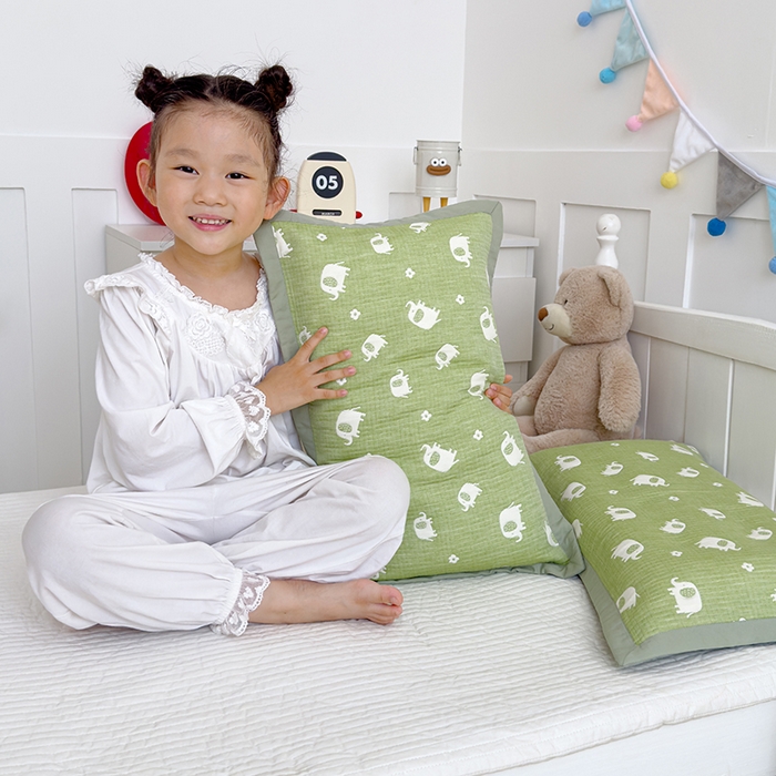 91家纺网 家纺一手货源 找家纺 2024新品色织立体提花全棉三层纱布夹棉枕套 小象-绿