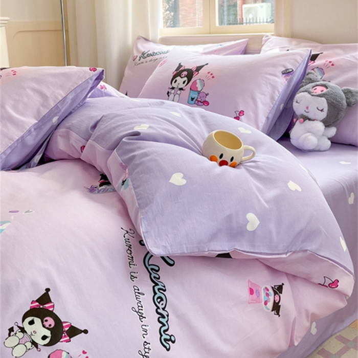 91家纺网 家纺一手货源 找家纺 博雅 2024新款三丽鸥全棉印花卡通四件套 库洛米爆米花可乐