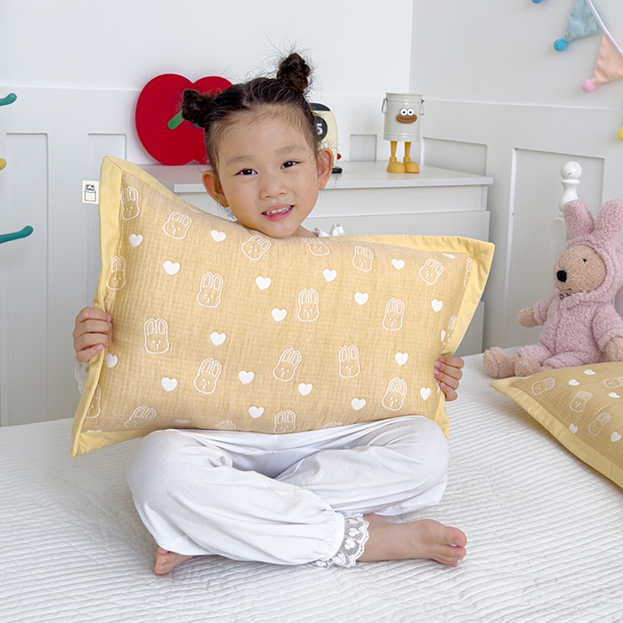 91家纺网 家纺一手货源 找家纺 2024新品色织立体提花全棉三层纱布夹棉枕套 小兔-黄