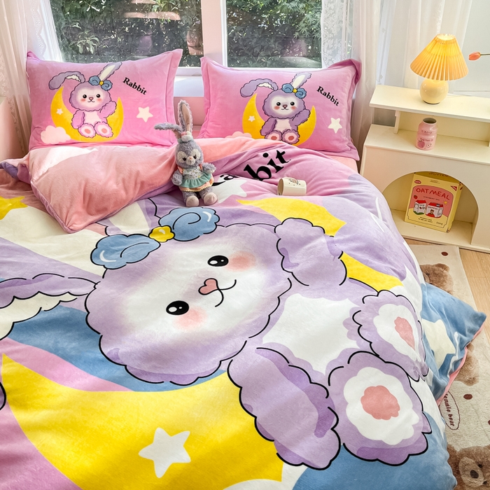 91家纺网 家纺一手货源 找家纺 喜梦缘-2025新款大版卡通牛奶绒四件套 公主兔