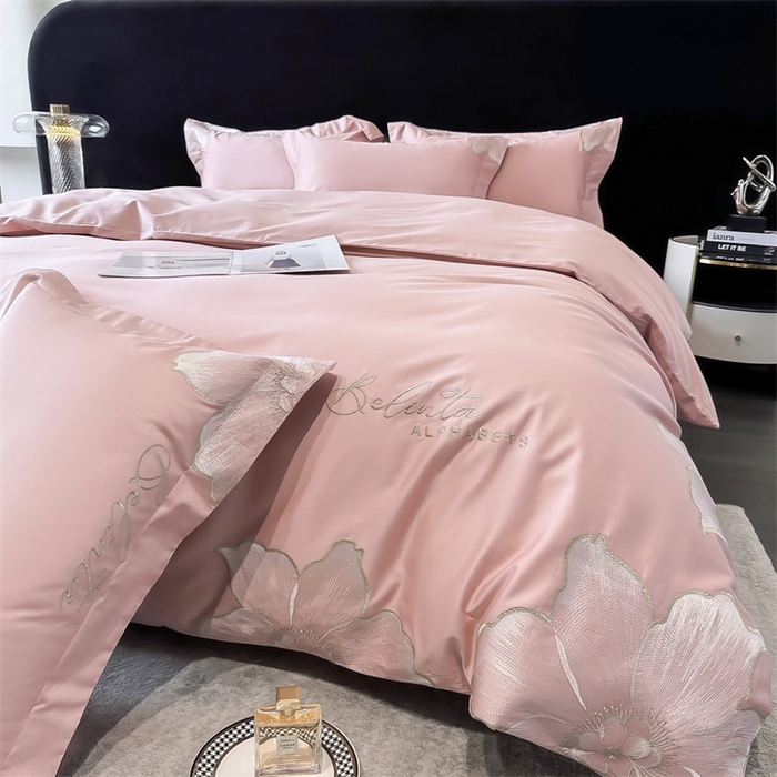 91家纺网 家纺一手货源 找家纺 宅家居 2024新款莫奈花园系列-轻奢小香风双面纯棉刺绣长绒棉四件套 莫奈花园-樱花粉