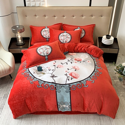 91家纺网 家纺一手货源 找家纺 喜梦缘 2025新款大版花卉牛奶绒四件套 镜花水月-大红