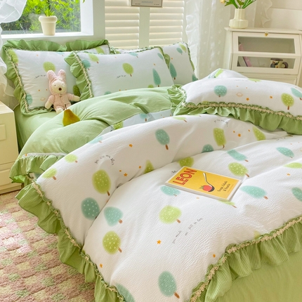 同田家纺  2024新款泡泡棉印花蕾丝工艺四件套 绿林