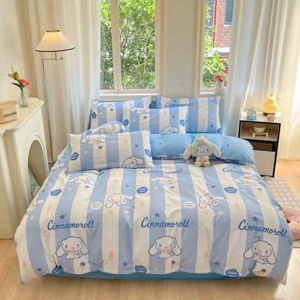 91家纺网 家纺一手货源 找家纺 博雅 2024新款三丽鸥全棉印花卡通四件套 蓝条纹玉桂狗