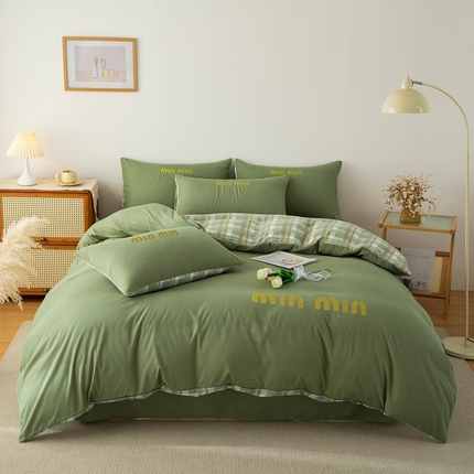 91家纺网 家纺一手货源 找家纺 （总）2025新款ins风青春格子水洗棉纯色双拼格子四件套格子-提供买家秀