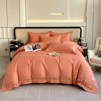 91家纺网 家纺一手货源 找家纺 小时代家纺 2024新款13376全活性喷气简约轻奢刺绣夹棉床盖四件套-繁花 繁花-橙色