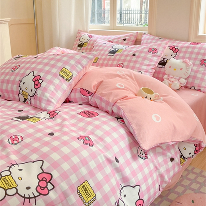 91家纺网 家纺一手货源 找家纺 博雅 2024新款三丽鸥全棉印花卡通四件套 粉格KT