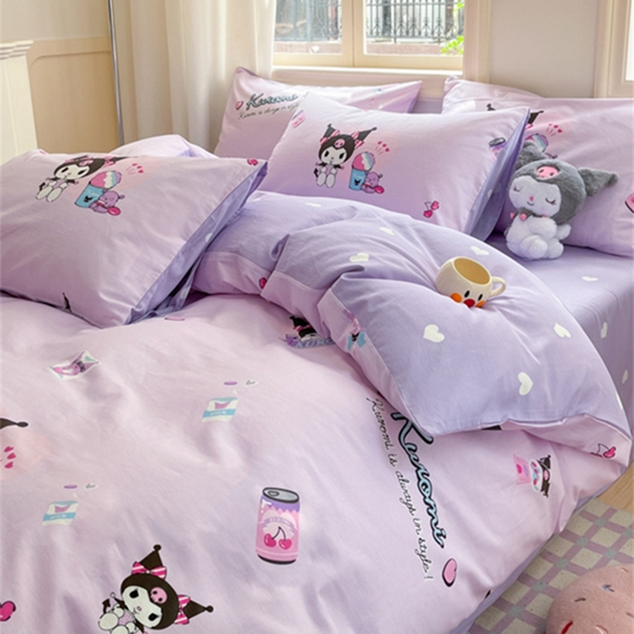 91家纺网 家纺一手货源 找家纺 博雅 2024新款三丽鸥全棉印花卡通四件套 库洛米爆米花可乐