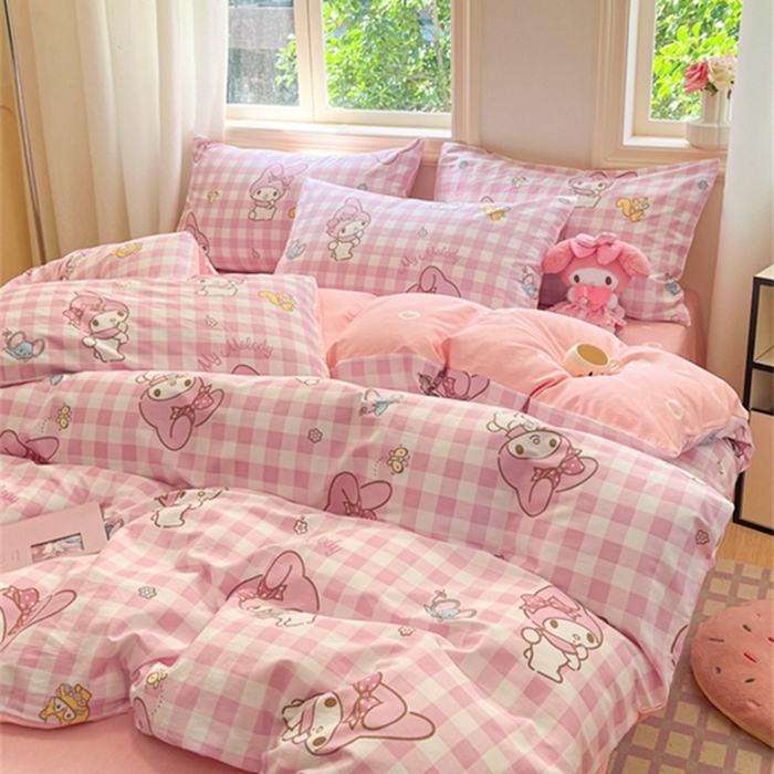 91家纺网 家纺一手货源 找家纺 博雅 2024新款三丽鸥全棉印花卡通四件套 粉格美乐蒂AB版