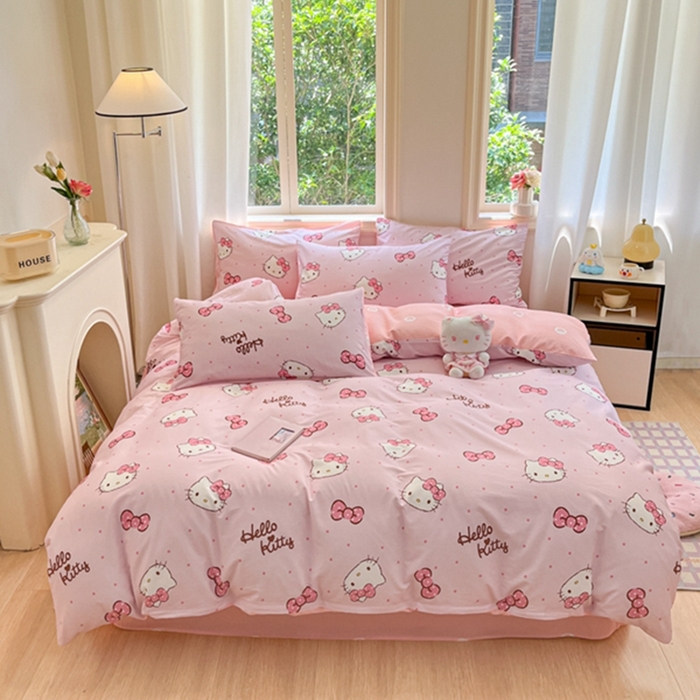 91家纺网 家纺一手货源 找家纺 博雅 2024新款三丽鸥全棉印花卡通四件套 粉色蝴蝶结KT