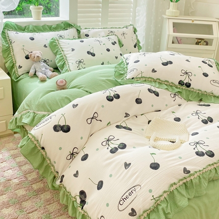 同田家纺  2024新款泡泡棉印花蕾丝工艺四件套 黑樱桃