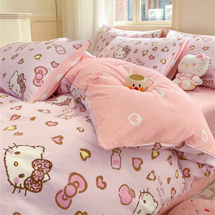 91家纺网 家纺一手货源 找家纺 博雅 2024新款三丽鸥全棉印花卡通四件套 心心KT