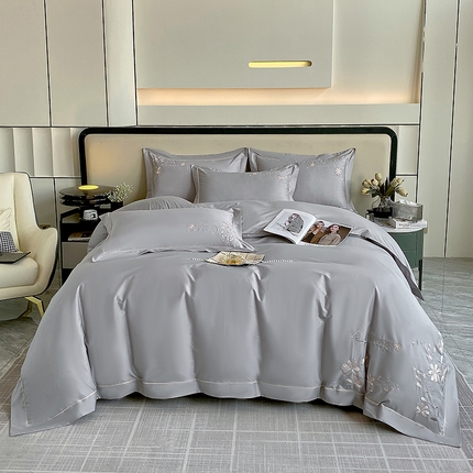 小时代家纺 2024新款13376全活性喷气简约轻奢刺绣夹棉床盖四件套-繁花 繁花-灰色