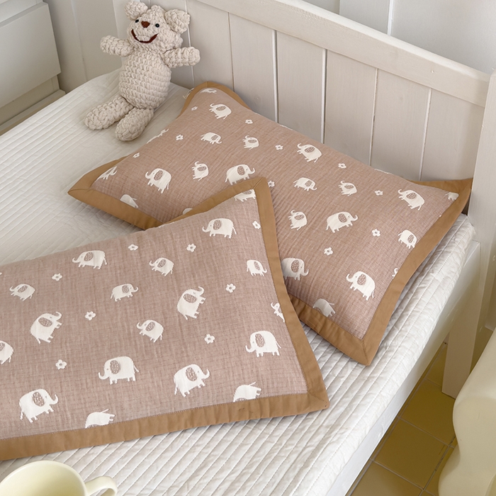 91家纺网 家纺一手货源 找家纺 2024新品色织立体提花全棉三层纱布夹棉枕套 小象-咖