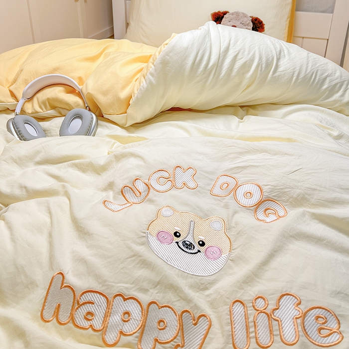 91家纺网 家纺一手货源 找家纺 梦舒羽 2025新款ins卡通可爱小狗刺绣水洗棉磨毛学生宿舍三件套居家四件套 小八嘎-奶黄