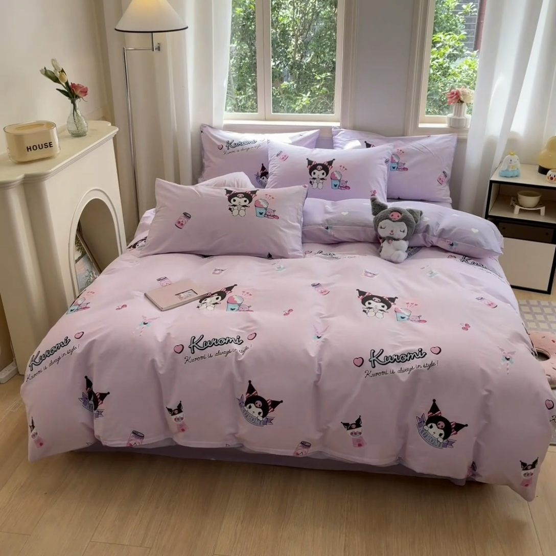 91家纺网 家纺一手货源 找家纺 博雅 2024新款三丽鸥全棉印花卡通四件套 库洛米爆米花可乐