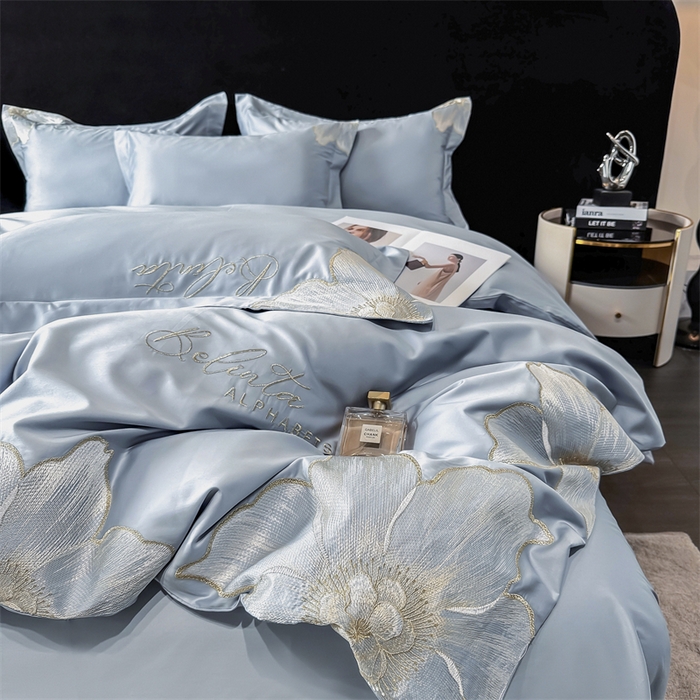 91家纺网 家纺一手货源 找家纺 宅家居 2024新款莫奈花园系列-轻奢小香风双面纯棉刺绣长绒棉四件套 莫奈花园-湖水蓝